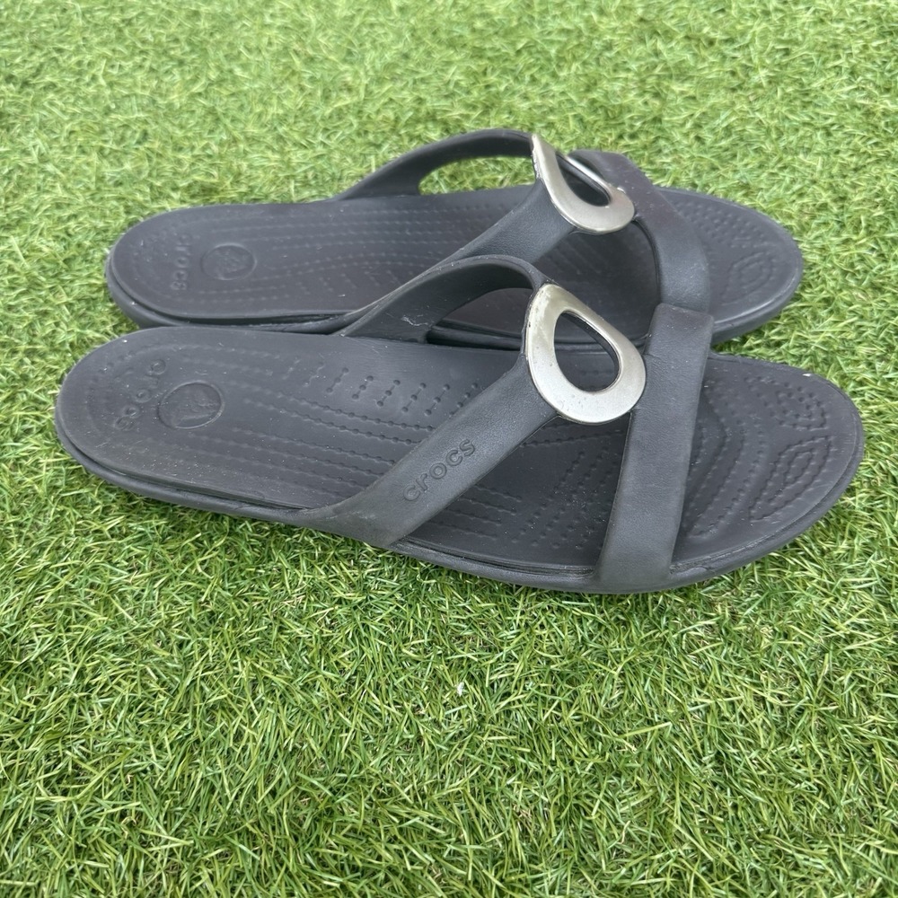 Crocs Sanrah Wedge Sandals Womens Size‎ 11 Black Silver Ring Rare Comfort - Picture 3 of 8